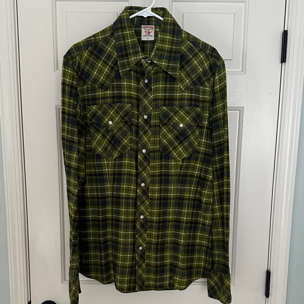 True Religion Green and Black Plaid Flannel Button-Down Shirt